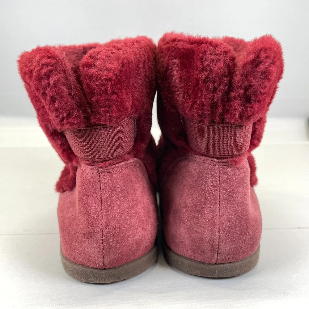 Vionic Maizie Ankle Boots Womens Size 7.5 Red Suede Faux Fur Pull On Shoes